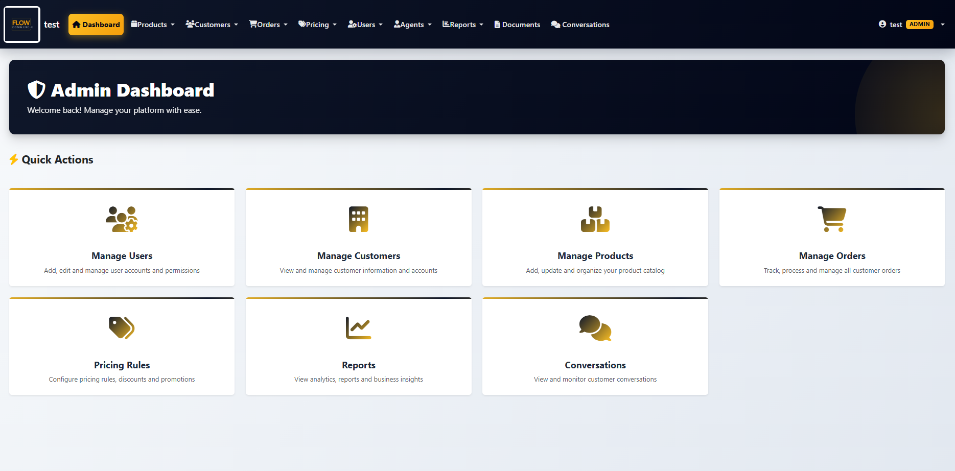 FlowCommerc-e B2B E-commerce Platform Dashboard Preview
